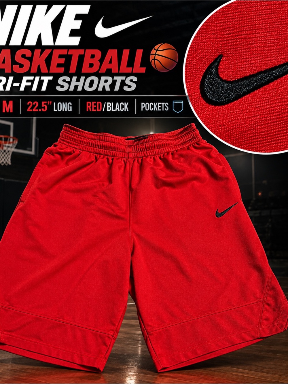 Nike Red Athletic Basketball Shorts with Black Swoosh